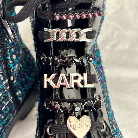 KARL LAGERFELD Mela Black and Blue Tweed Embellished Combat Boots--NWT--7 - Picture 8 of 16